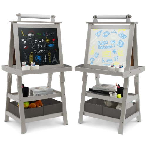 Signature Fitness 3-in-1 Kids Art Easel,Double-Sided Wooden Easel,with Chalkboard, Whiteboard, Paper Roll, 2-Tier Rack & 2 Storage Boxes