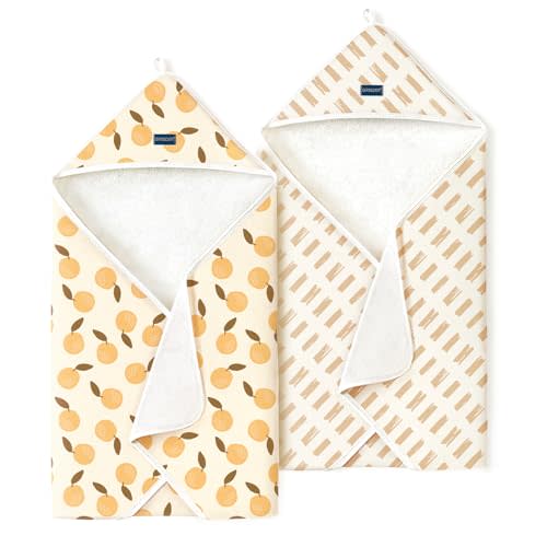 GRSSDER Baby Hooded Towel 2 Pack for Newborn, Super Soft Bath Towels with Original Designs, Ultra Absorbent Knit Terry, Large Toddler Towels with Hood for Boys Girls, Shower Gifts for Infant,34"x 34"