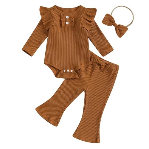 TheFound Infant Baby Girl Clothes Newborn Ruffle Long Sleeve Ribbed Romper Print Bell Bottom Toddler Baby Fall Winter Outfit