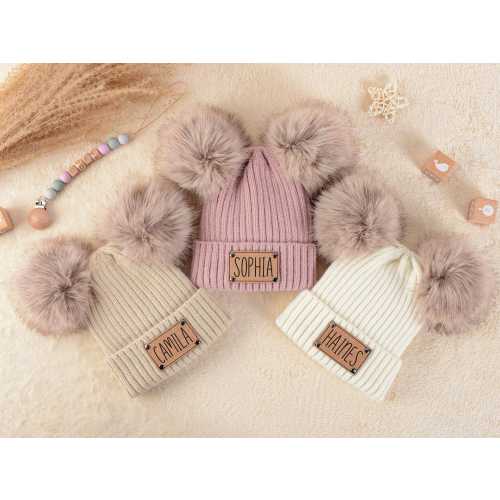 Personalized Kid Beanie with Fur Pompom,Engraved Name Beanie With Pom for Baby,Custom Knitted Beanie Hat,Baby Shower Gifts