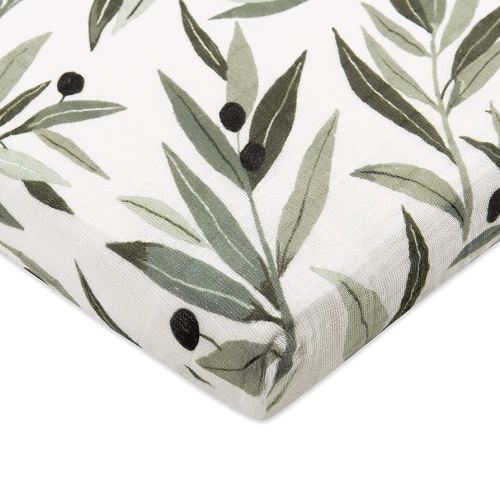Babyletto 100% Organic Cotton All-Stages Midi Crib Sheet, GOTS-Certified, Fitted 360°, Ultra-Soft and Breathable Muslin - Olive Branches