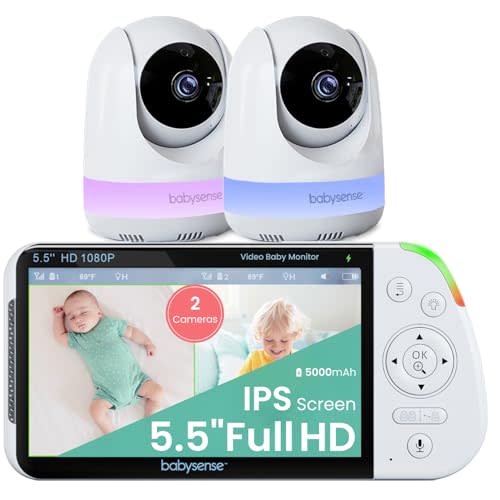 Babysense 5.5 1080p Full HD Split-Screen Baby Monitor, Video Baby Monitor with 2 Cameras and Audio, 6-Color RGB Night Light, 1000ft Range, Two-Way Audio, 4X Zoom, 5000mAh Battery