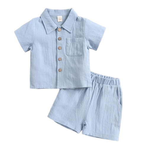 CZHQWE 12 Month Boy Outfits Baby Boy Outfits 0-3 Months Baby Boys Clothes Set Toddler Boys Button-Down Shirt Tops + Cotton Shorts 2Pcs Blue 12-18 Months