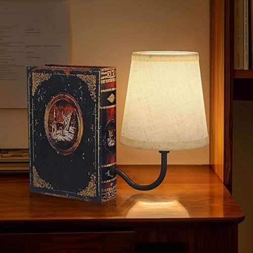 Vintage Bookshelf Lamp - Cordless & Rechargeable - 5000mAh, Dimmable Touch Control Table Lamp with Linen Shade, Modern Bookcase Lamp for Home Office, Library, Study