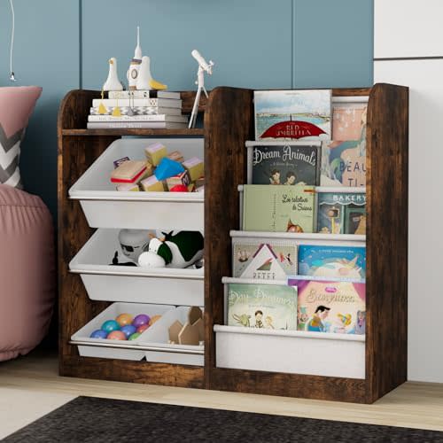 Rustic Kids Wood Bookshelf Toy Storage Box Organizer Shelf W/4 Removable Plastic Toy Bins Children Bookcase Toddler Baby Sling Book Rack Cabinet Chest Girl Boy Gift Playroom Classroom Bedroom Nursery