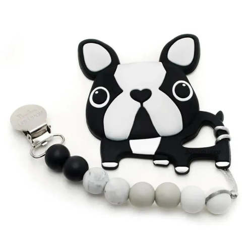 Loulou Lollipop Silicone Teether With Clip Boston Terrier Black