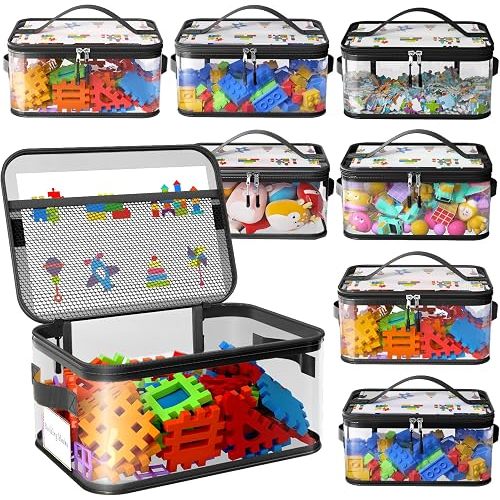 8 Packs Large Toy Storage Bags with Labels, Reusable Clear PVC Board Game Storage, Travel Waterproof Toy Organizer Bags with Name Tag and Manual Pocket for Building Blocks, Puzzle, Kids Books