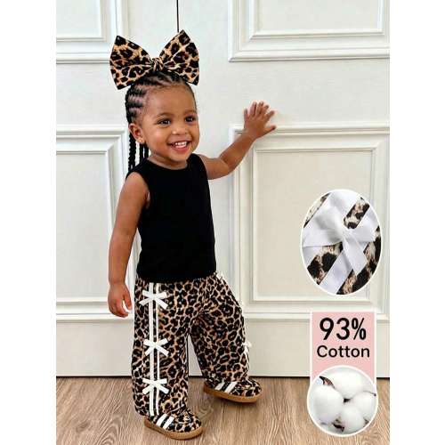 SHEIN 2 Pieces Summer Cute Vacation Knitted Black Vest And All-Over Leopard Print Pants Set With Bow Decoration On The Side | SHEIN USA