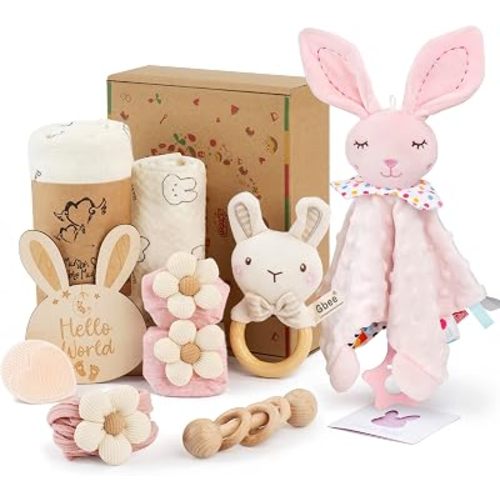 Baby Girl Gift Set for Baby Shower - 10 Piece Newborn Present Box with Muslin Swaddle Blanket, Rabbit Security Blanket, Wooden Rattles, Flower Headband, Socks, Card and Brush for Baby Girl Shower