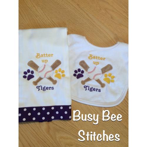 Appliqued Batter Up Tigers Burp Cloth and Bib Set