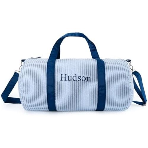 MT WORLD Toddler Duffle Bag Boy Personalized Overnight Bags for Kids - Small Seersucker Toddler Travel Bag - Stripped Sky and Navy Blue - Custom Baby Boy Sleeping Bags Gifts for Sleepovers Weekender