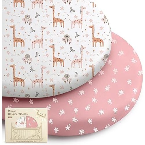 Bassinet Sheets for Baby Boys Girls, 2 Pack Fitted Bassinet Sheet Set, Soft Breathable Bassinet Cover Universal Fit for Oval Rectangle Round Hourglass Mattress