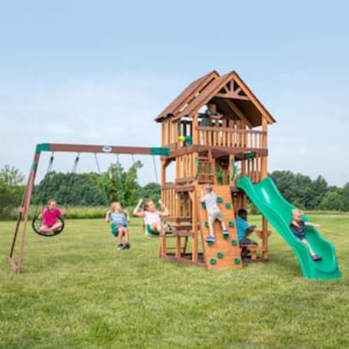 Highlander Outdoor Kid's Playground Set PlaySet w/ Multi-level Clubhouse, Rockwall, Swing Set, and Green Wave Slide