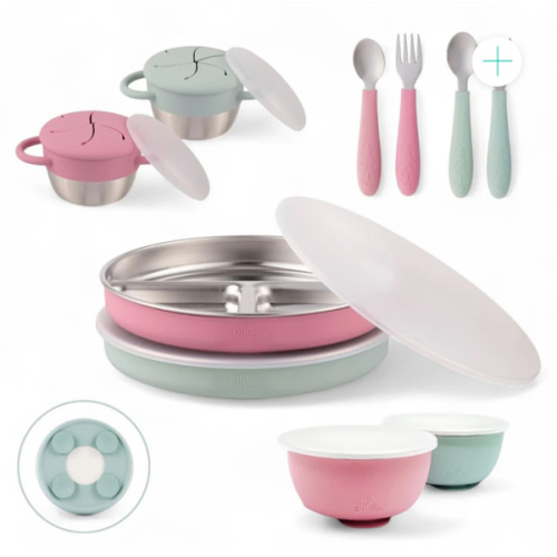 Stainless Steel Mealtime Bundle | Plates, Bowls, Snack Cups + Toddler Utensils | Suction Sleeves | Blush/Sage