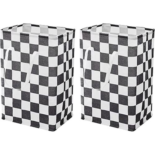 Checkered Laundry Hamper, Pack of 2, Large Black White Aesthetic Collapsible Cloth Hampers Basket for Storage Organization Cute Race Cars Boy Room Decor, 2 x 75L