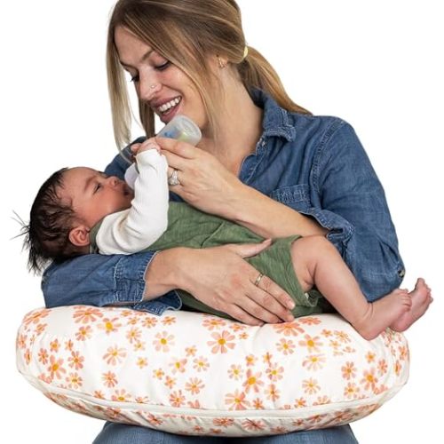 Boppy Nursing Pillow - Verified Safe Breastfeeding Pillow with Softer Fill for Comfortable Support, Machine Wash & Dry Cover, Non-Toxic Materials - Soft Pink Daisies