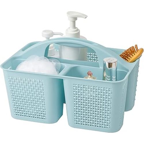 Plastic Portable Shower Caddy Basket with Handle, 3 Compartments, Blue