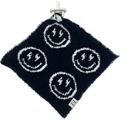 Smiley Face Lightning Bolt Baby Lovey Pacifier Holder 10"x10" - Cuddly Soft Knitted Reversible Mini Comfort Security Blanket - Newborn Gift Essential for Babies Boys and Girls (Black/White)