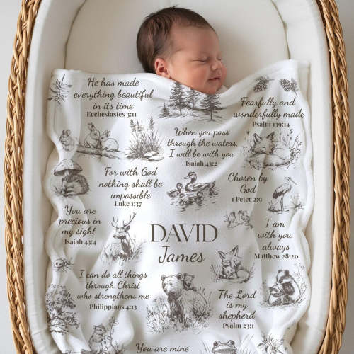 Personalized Name Blanket - Bible verse kid blanket - Christian baby gift newborn receiving blanket - Gift for Baptism - Woodland blanket - Custom Christian Nursery decor gift