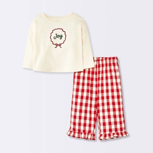 Baby Girls' Christmas Holiday 2pc Joy Long Sleeve T-Shirt and Gingham Flannel Pants Set - Cloud Island™ Cream Newborn