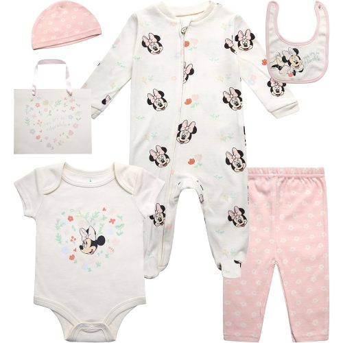Disney Newborn Baby Girl Boy Clothes - 7 Piece Mickey Mouse Winnie the Pooh Bib Onesie Overall Beanie Pants Gift Bag Gift Set