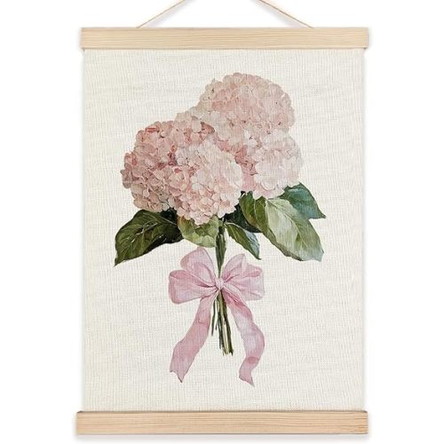 LZYRF Pink Hydrangea Floral Wall Art Poster Framed, Flower Room Decor, Coquette Pink Bow Hydrangea Flower Canvas Prints Wall Decor for Home Girls Bedroom Dorm Apartment, 12x16 Inch
