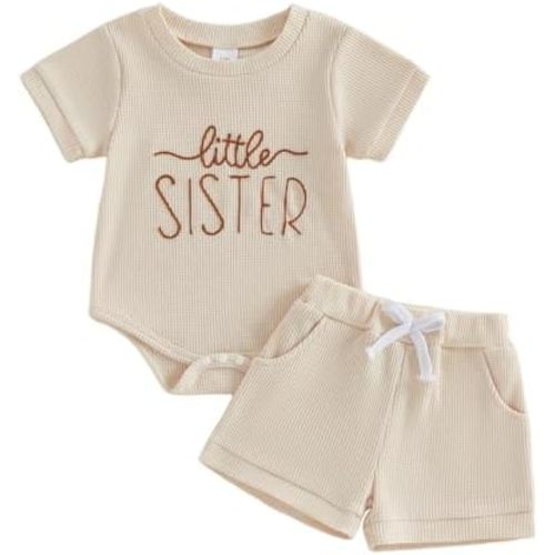 allshope Newborn Baby Girl Summer Outfit Romper Little Sister Lil Sis Embroidery Jumpsuit Tops Shorts Infant Waffle Clothes