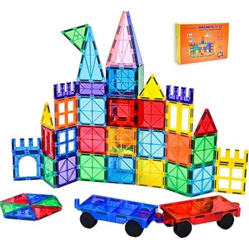 Gemmicc Magnetic Tiles, Deluxe 136 PCS Building Blocks Magnet Toys for Kids,3D Magnet Puzzles Stacking Blocks for Boys Girls,Huge Set with 2 Cars