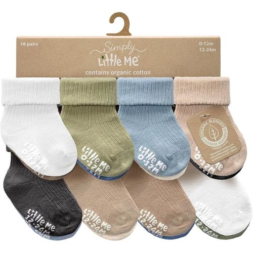 Little Me Baby Socks 16 Pairs | 61% Organic Cotton | Sizes 0-12M & 12-24M | Seamless Toe & Anti-Slip Gripper Sole