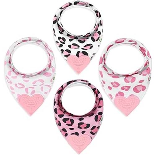 Pickle & Olive - Baby Bandana Girl Teething Bibs with Attached Silicone Teether - Set Of 4 -Leopard