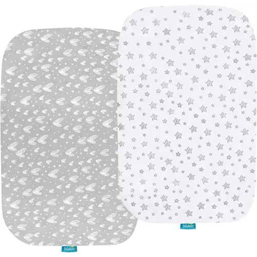 Bassinet Sheets Compatible with AirClub, GoFirst and MiClassic Bassinet Bedside Sleeper, 2 Pack,100% Jersey Knit Cotton Fitted Sheets, Mild Grey Hearts and White Stars Print