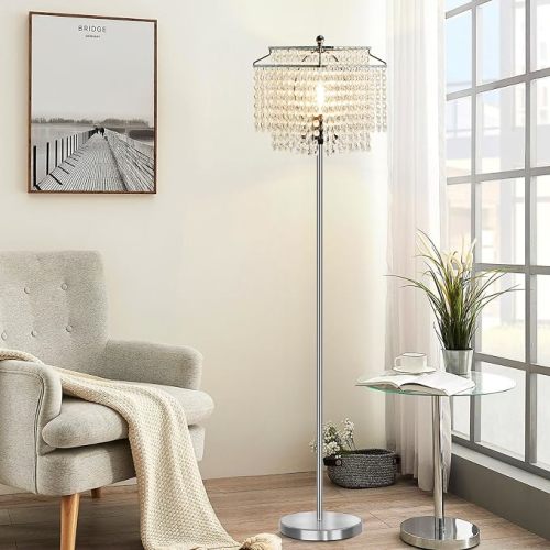 Crystal Floor Lamp, 64" Tall Modern Standing Lamps with Double-Layer Lampshade, On-Off Foot Switch, Silver Finish Pole Lamp for Living Room, Bedroom, Office, 8W Bulb Included