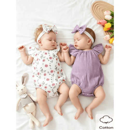 4pcs/Set, Baby Girl, Casual Fashion Cute Elegant, Soft Comfortable, Floral Pattern Ruffle Cotton Bodysuit And Bow Decor Headband Set, Baby Girl Clothing, Newborn Baby Girl Clothing, Baby Supplies, Baby Clothing, Suitable For Summer Daily Wear, Vacation, H