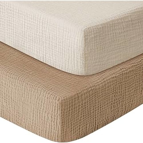 Muslin Crib Sheets for Boys Girls 100% Cotton Fitted Baby Crib Sheet 2 Pack Soft and Breathable for Standard Crib Mattress & Toddler Mattress 52x28in (Beige & Coffee)