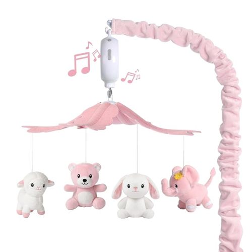 Baby Crib Mobile for Girls, Soft Plush Woodland Characters Rabbit Elephant Bear Sheep, Pink and White Nursery Decor, Calming Soother with 12 Lullabies Essential and Perfect Gift for Girls