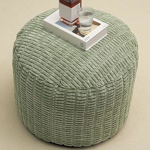 Round Stuffed Pouf Ottoman for Foot Rest, Storage Ottoman Pouf Foot Stool Cushion, Faux Fur Poufs with Foam Chunk Filling, 26 X 18 Inch Floor Chair for Living Room Bedroom Home Decor, Green