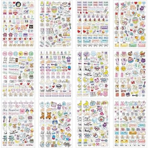 Kisston 24 Sheets Baby Scrapbook Stickers 1000+ New Pregnancy Planner Sticker Baby Calendar First Year Decal Maternity Newborn Themed Decal for Christmas Decorating