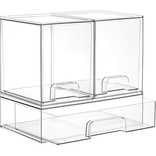 Vtopmart Stackable Storage Drawers Set of 3, Clear Plastic Organizer Bins for Bathroom Supplies, Ideal for Cabinet,Shelf, Pantry, Laundry Room Organization