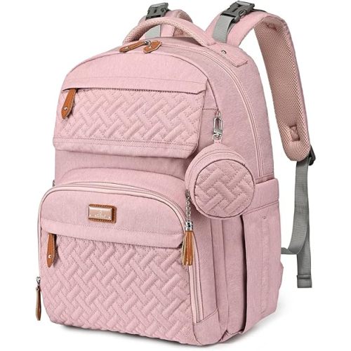 BabbleRoo Diaper Bag Backpack - Travel Large Baby Diaper Bag with Changing pad, Waterproof Baby Bags for Mom & Dad, Unisex Bags with Pacifier Case, Luggage Strap & Stroller Clips– Pink