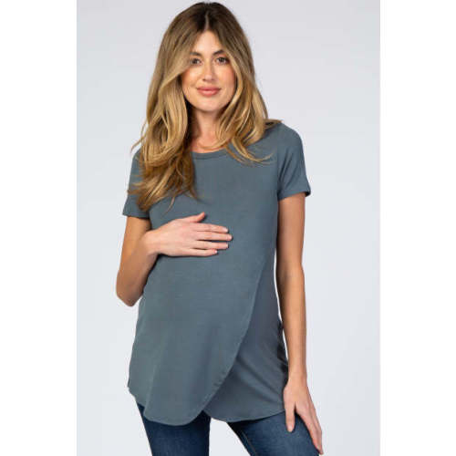 Pink Blush Dark Teal Layered Wrap Front Maternity Nursing Top