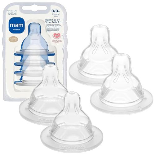 MAM Baby Bottle Nipple Mixed Flow Pack, Extra Slow Size 0 and Slow Flow Size 1 for Newborns 0+ Months, Skin Soft BPA Free Silicone, 94% Nipple Acceptance, Fits All MAM Bottles, 4 Pack, Made in Europe