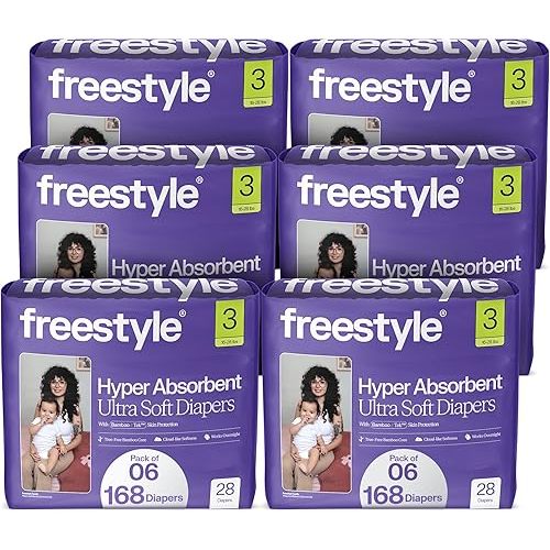 Freestyle BambooTek Diapers – (Size 3) Hyper Absorbent & Non-Toxic – Disposable Diapers for Sensitive Skin – Ultra Soft Diapers (16-28 lbs) – 168 Count