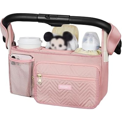 Universal Stroller Organizer with Insulated Cup Holder,Stroller Caddy Bag with Wet Wipes Pocket,Stroller Accessories Fits for Uppababy,Doona,Jogger,Britax,Mompush,BoB Strollers,Pink