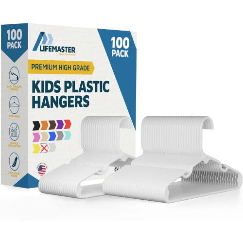 Plastic Kids Clothes Hanger – Children Clothes Hanger with Shoulder Notch, 11.6 Inch Space-Saving Closet Organizer for Baby, Toddler, and Kids Clothing, Hold Up To 5 lbs, Pack of 100, White