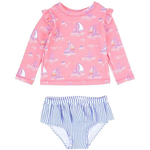 RuffleButts Baby Girls UPF50+ Skirted Flutter Long Sleeve Rash Guard Bikini