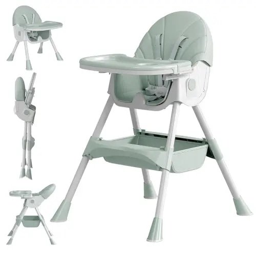 Baby High Chair, 5 in 1 High Chairs for Babies and Toddlers, Travel Foldable High Chair with Foot Rest, Detachable PU Cushion, Double Removable Tray, Adjustable Height & Recline, Locking Wheels