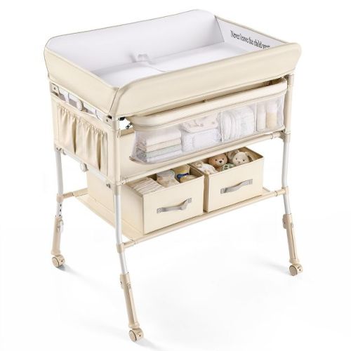 Kinder King Portable Baby Changing Table with Wheels, 4-Level Adjustable Height, Foldable Diaper Station with Storage, Beige