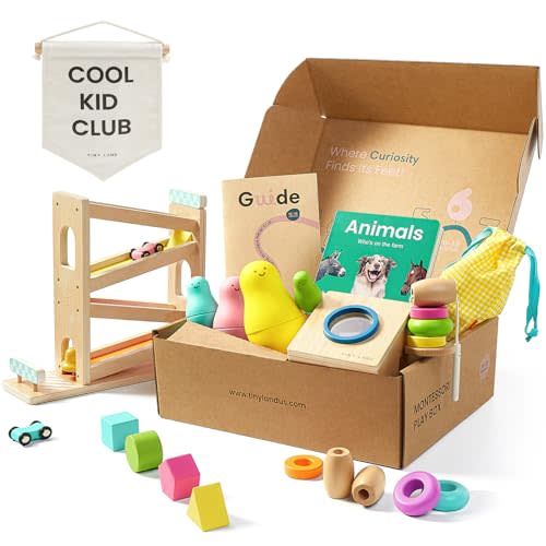 Tiny Land Montessori Baby Toy Set 16-18 Months 7 in 1 Adventure Kit | Ramp race track, shape sorting box, color matching, lacing beads, nesting dolls, animals board book, fine motor play gift