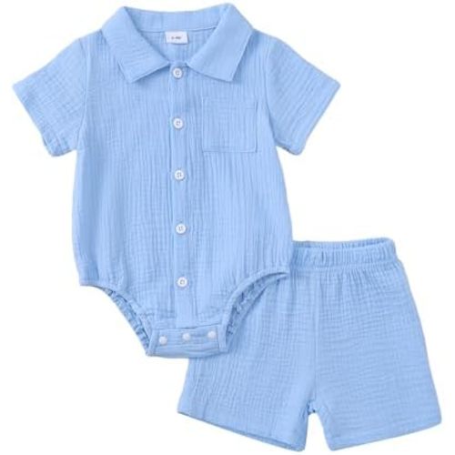 Jecson Newborn Boy Clothes Baby Boy Outfits Summer Cotton 2 Piece Set with Button Down Bodysuit and Shorts 0-18M