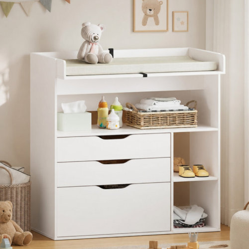 Trinx White Baby Changing Table Dresser, 3 Drawers and 3 Storage Shelves, Wooden Diaper Station | Wayfair